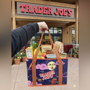 Trader Joes Collapsible Blue and Orange Tote Bag